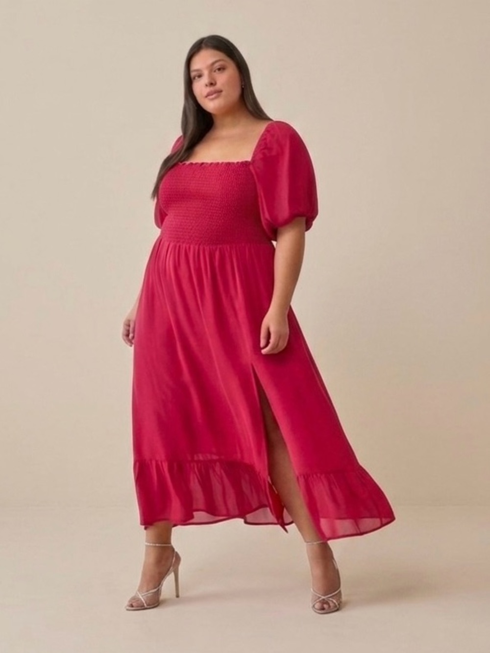 Reformation Meadow Smocked Chiffon Puff Sleeve Midi Dress Rhubarb Pink Red